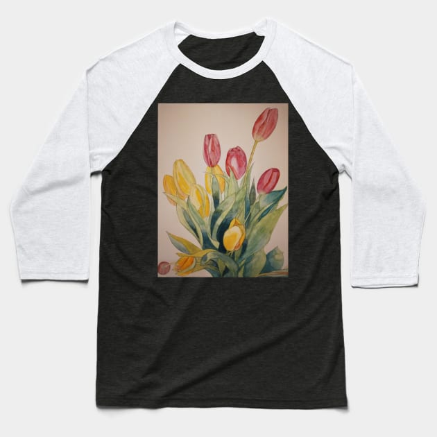 Tulips in pink and yellow watercolour with their leaves. Baseball T-Shirt by esvb